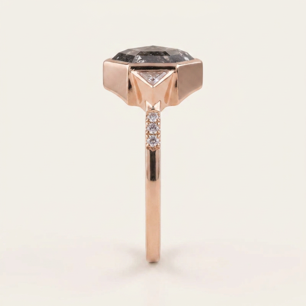 1.70 CT Hexagon & Triangle Cut Salt and Pepper Diamond Three Stone Ring