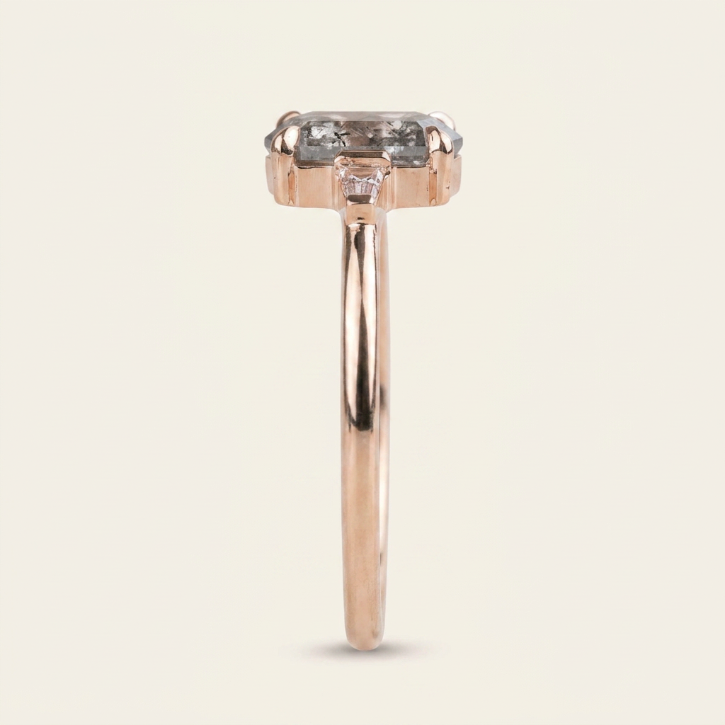 1.40 CT Hexagon & Tapered Baguette Cut Salt and Pepper Diamond Three Stone Ring