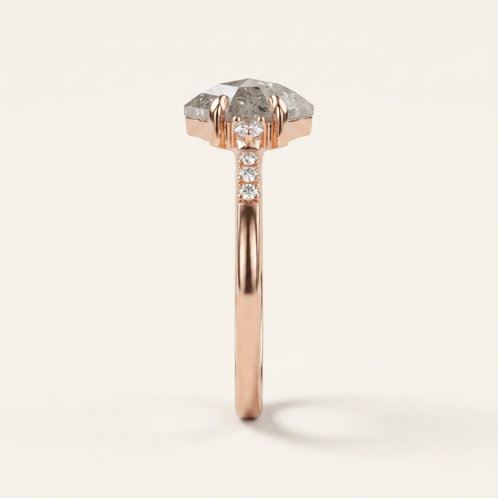 1.65 CT Hexagon & Round Cut Salt and Pepper Diamond Three Stone with Side Stones Ring