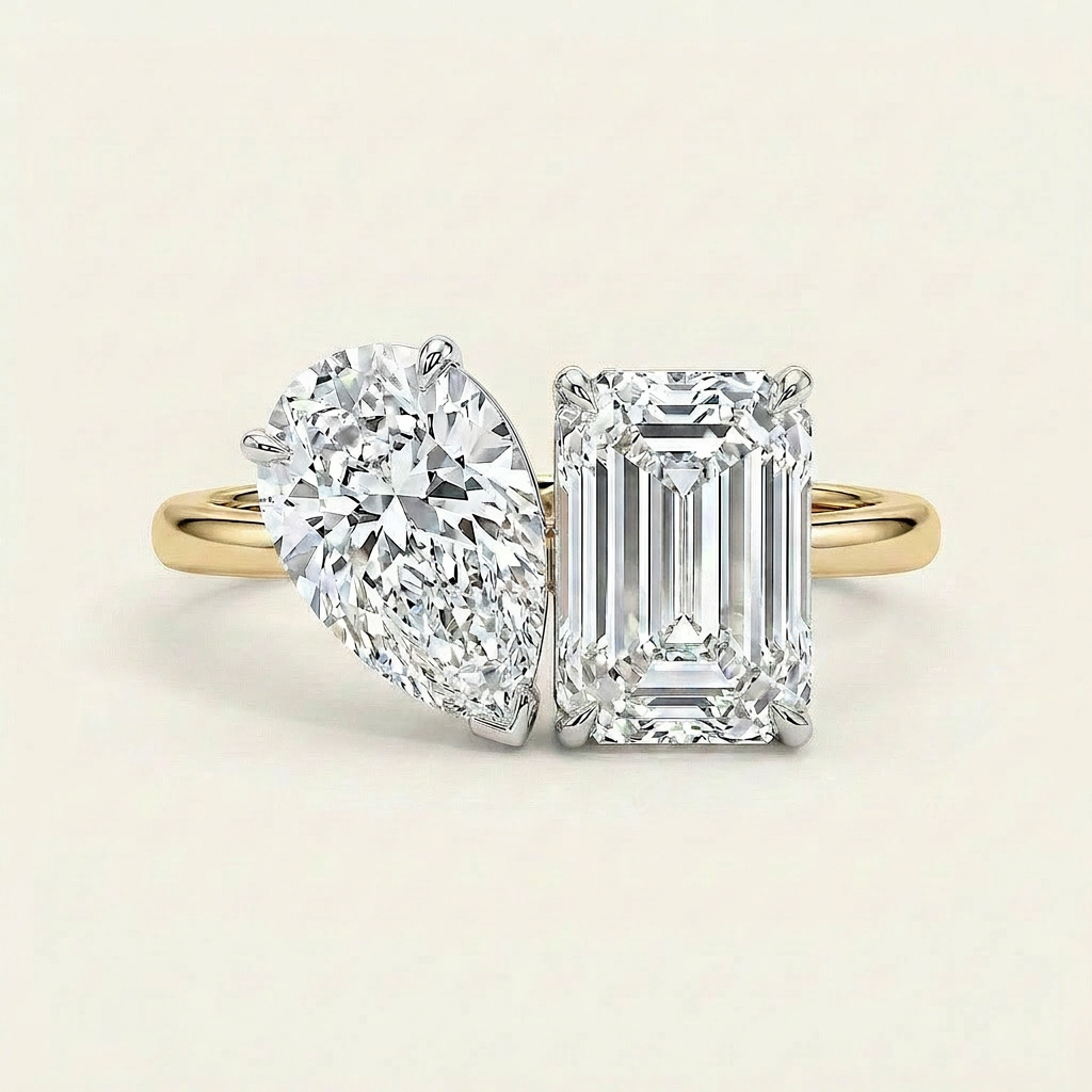 Moissanite 2.85 CT Pear & Emerald Cut Diamond Toi Et Moi Ring
