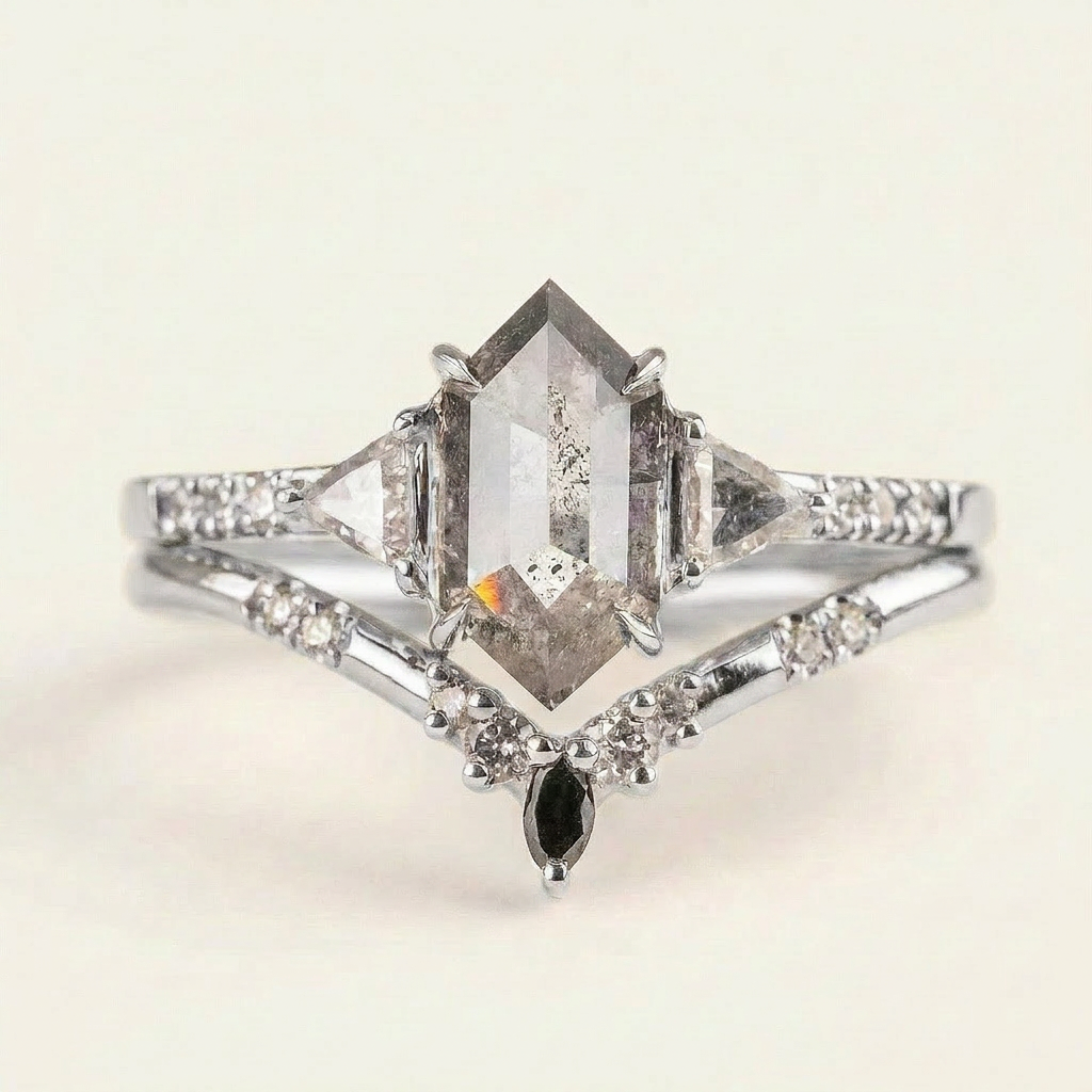 1.65 CT Hexagon & Round Cut Salt and Pepper Diamond Three Stone Ring (V-Artdeco)