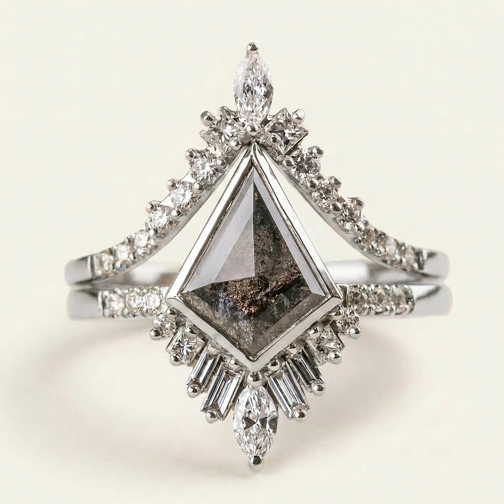 1.55 CT Kite & Round Cut Salt and Pepper Diamond Cluster Ring (V1)