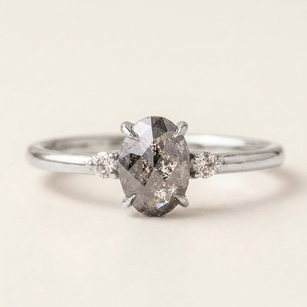 1.30 CT Oval & Round Cut Salt and Pepper Diamond Three Stone Ring