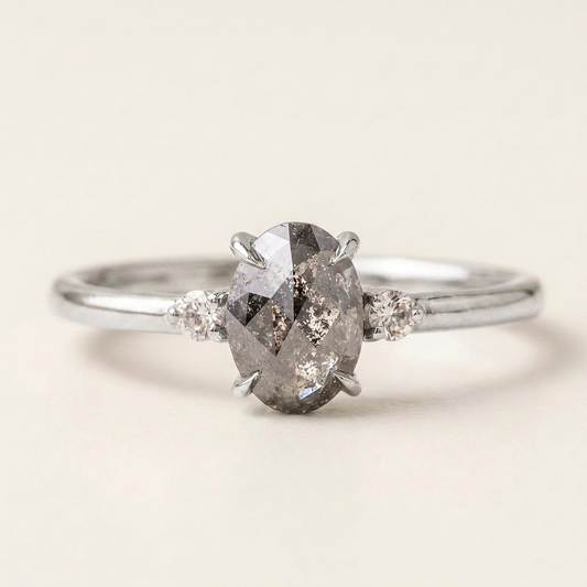 1.30 CT Oval & Round Cut Salt and Pepper Diamond Three Stone Ring
