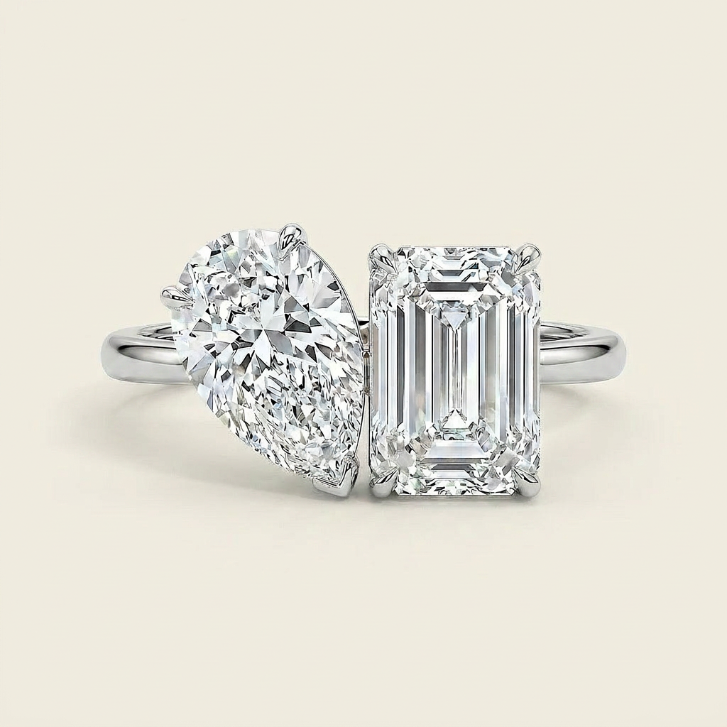 Moissanite 2.85 CT Pear & Emerald Cut Diamond Toi Et Moi Ring