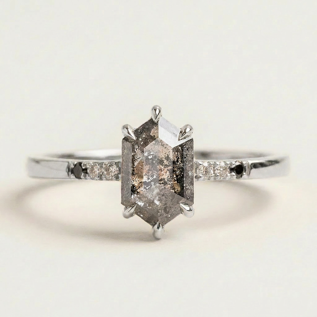 1.45 CT Hexagon Cut Salt and Pepper Diamond Solitaire Ring