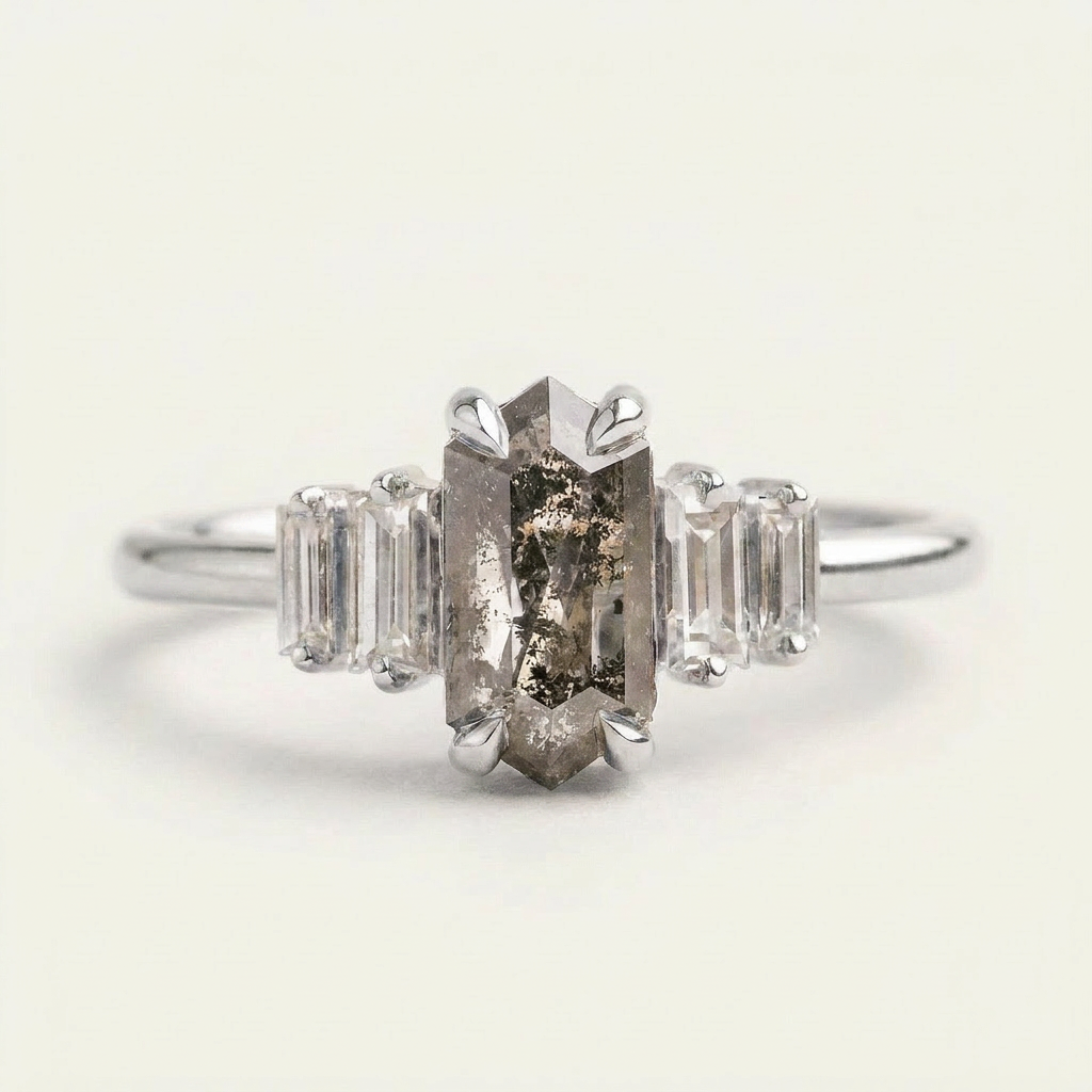 1.80 CT Hexagon & Baguette Cut Salt and Pepper Diamond Cluster Five-Stone Ring