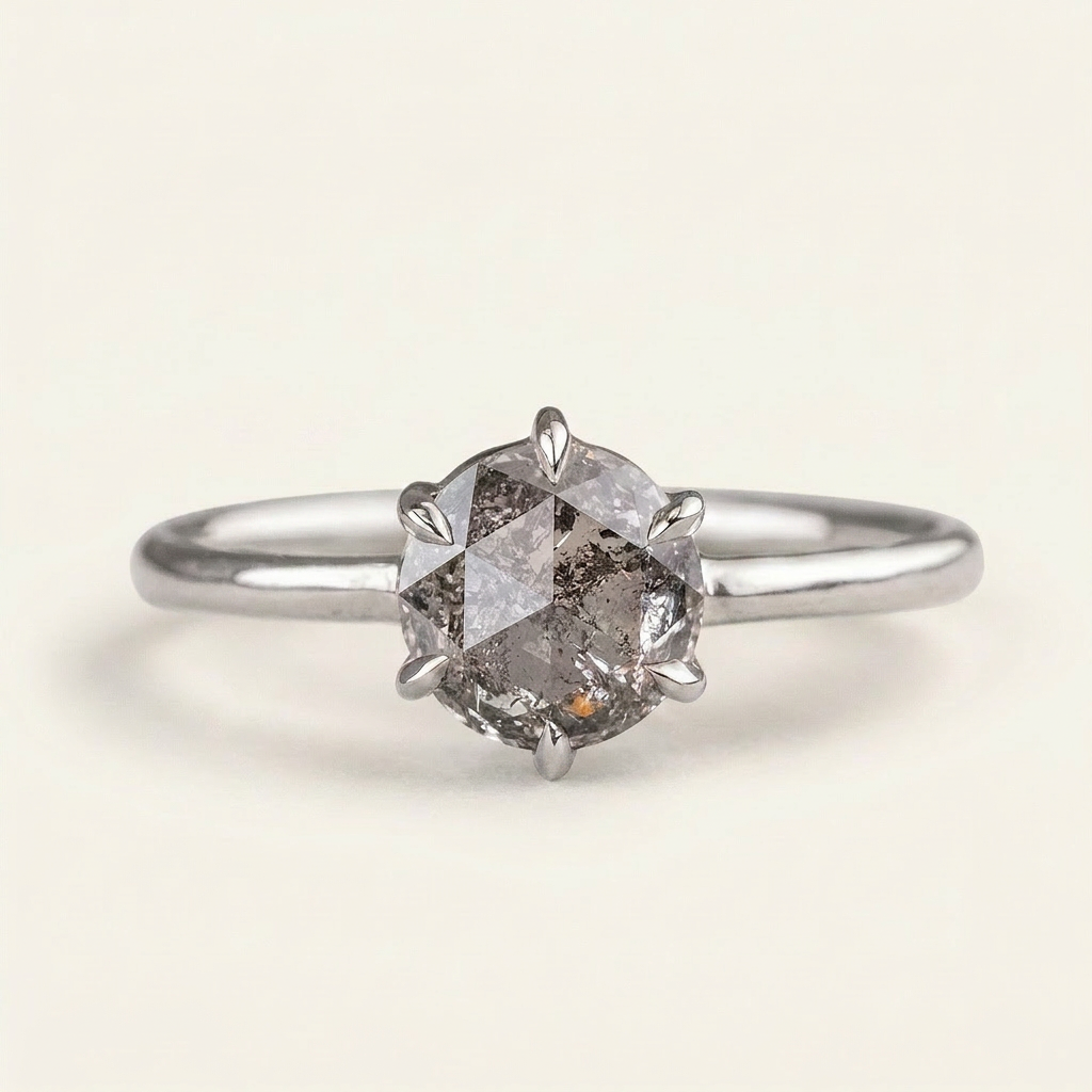 1.10 CT Round Cut Salt and Pepper Diamond Solitaire Ring