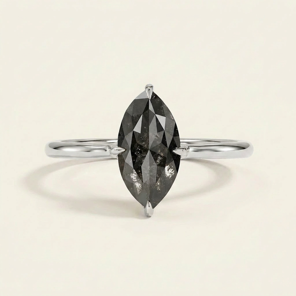 1.35 CT Marquise Cut Salt and Pepper Diamond Solitaire Ring