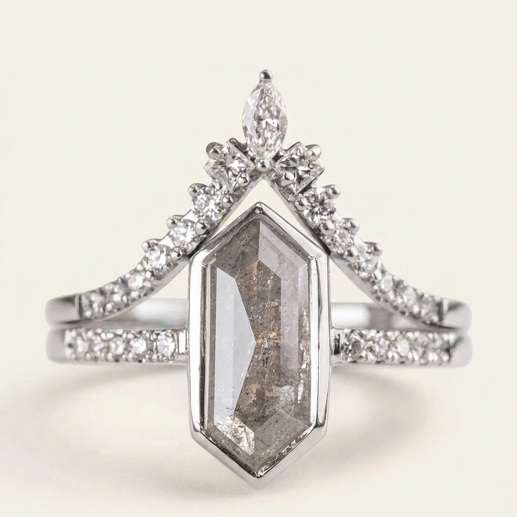 1.95 CT Hexagon Cut Salt and Pepper Diamond Solitaire Ring