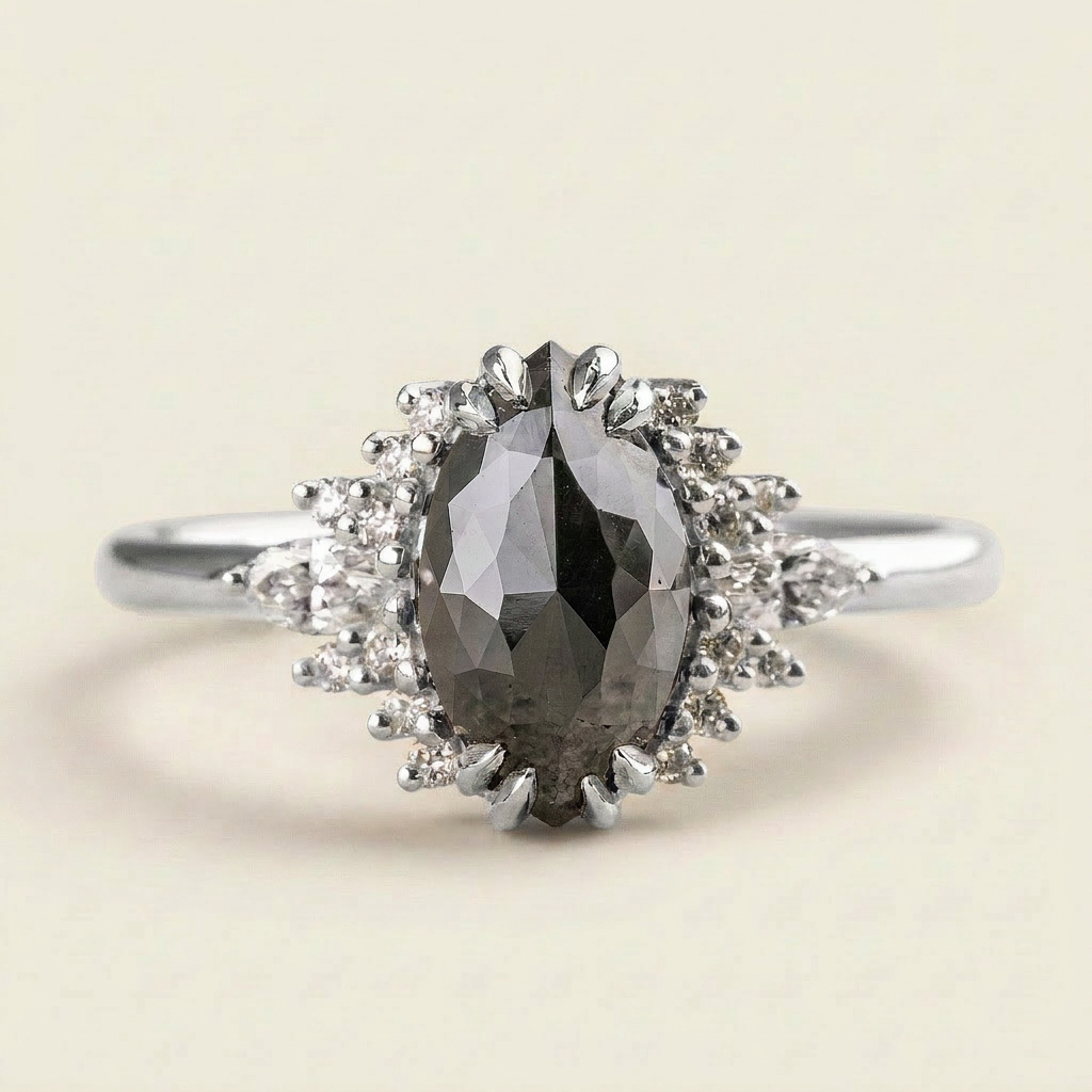 1.60 CT Marquise & Round Cut Salt and Pepper Diamond Cluster Ring