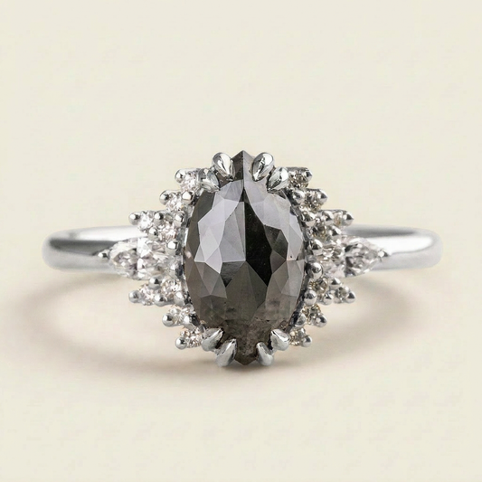 1.60 CT Marquise & Round Cut Salt and Pepper Diamond Cluster Ring