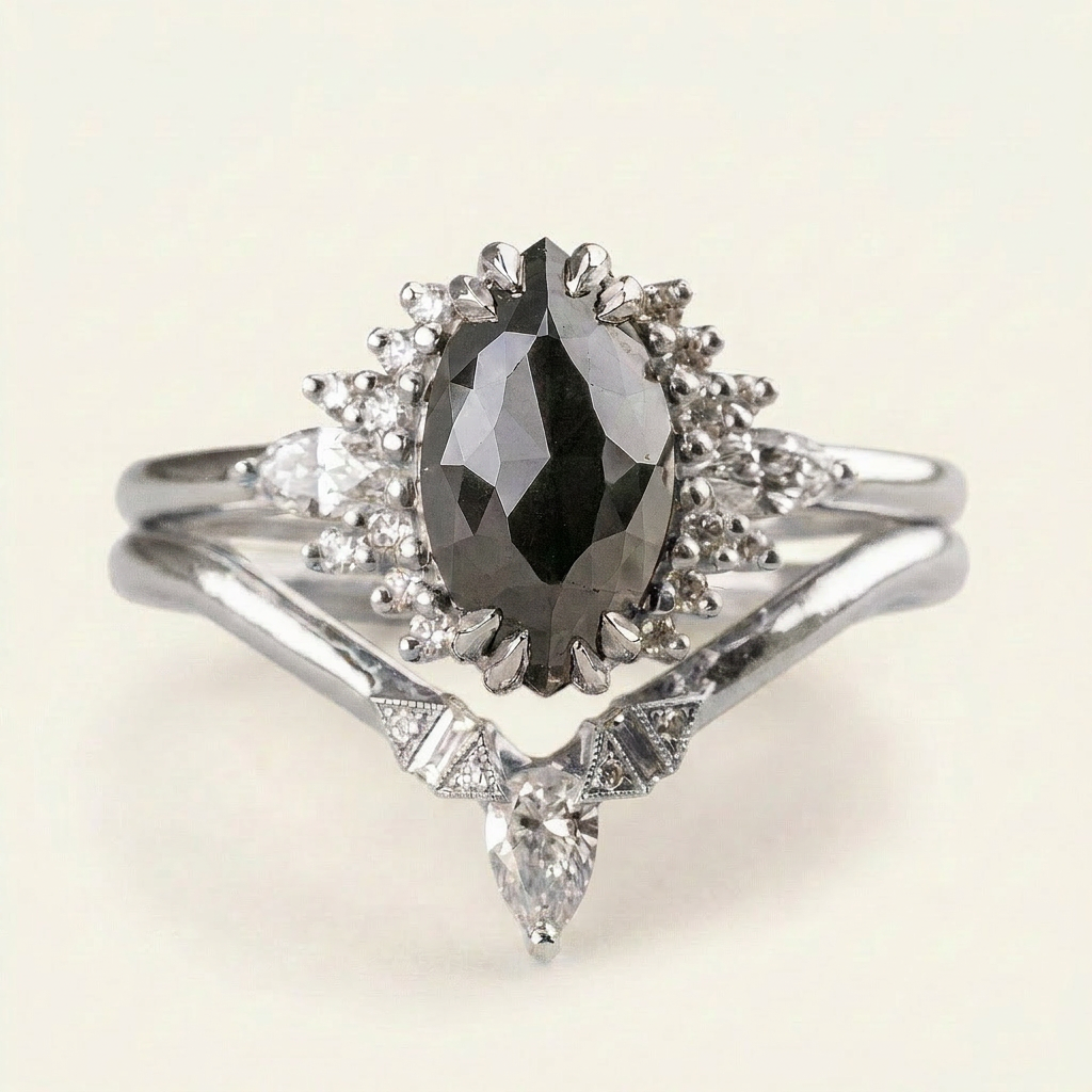 1.60 CT Marquise & Round Cut Salt and Pepper Diamond Cluster Ring