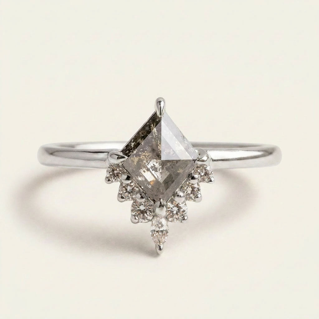 1.45 CT Kite & Round Cut Salt and Pepper Diamond Cluster Ring