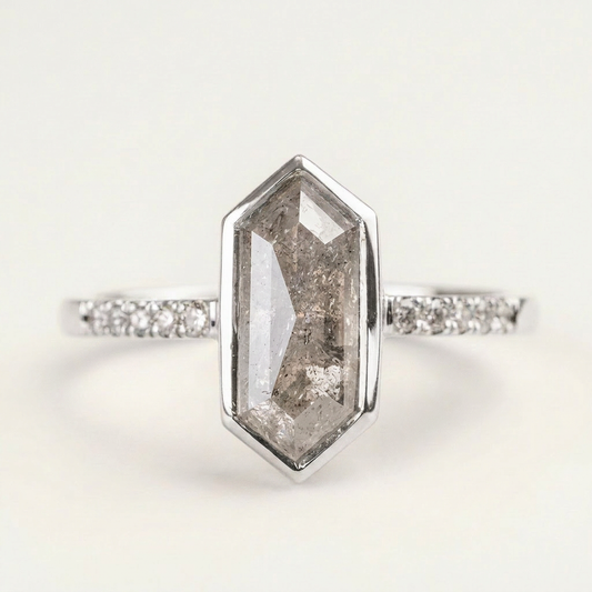 1.95 CT Hexagon Cut Salt and Pepper Diamond Solitaire Ring