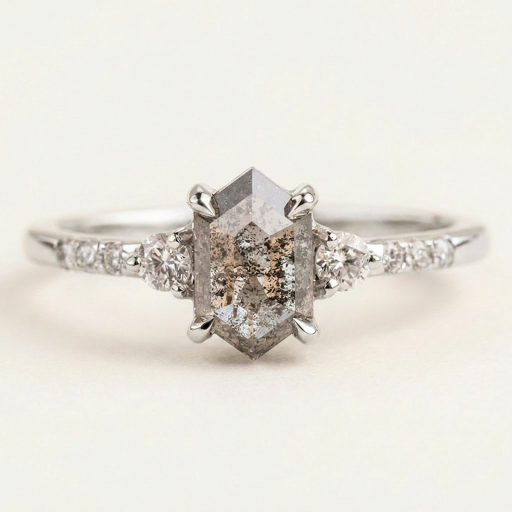 1.75 CT Hexagon & Round Cut Salt and Pepper Diamond Three Stone Ring