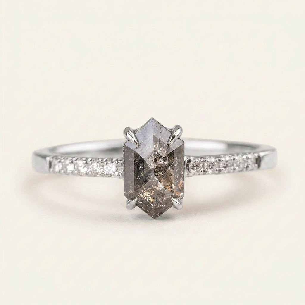 1.70 CT Hexagon Cut Salt and Pepper Diamond Solitaire Ring