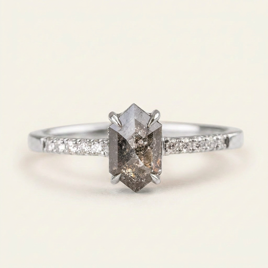 1.70 CT Hexagon Cut Salt and Pepper Diamond Solitaire Ring