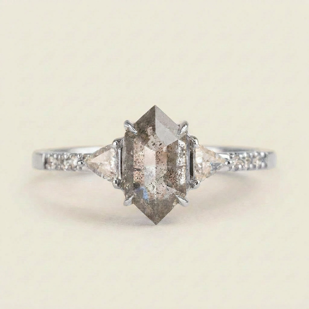 1.65 CT Hexagon & Round Cut Salt and Pepper Diamond Three Stone Ring (V-Artdeco)