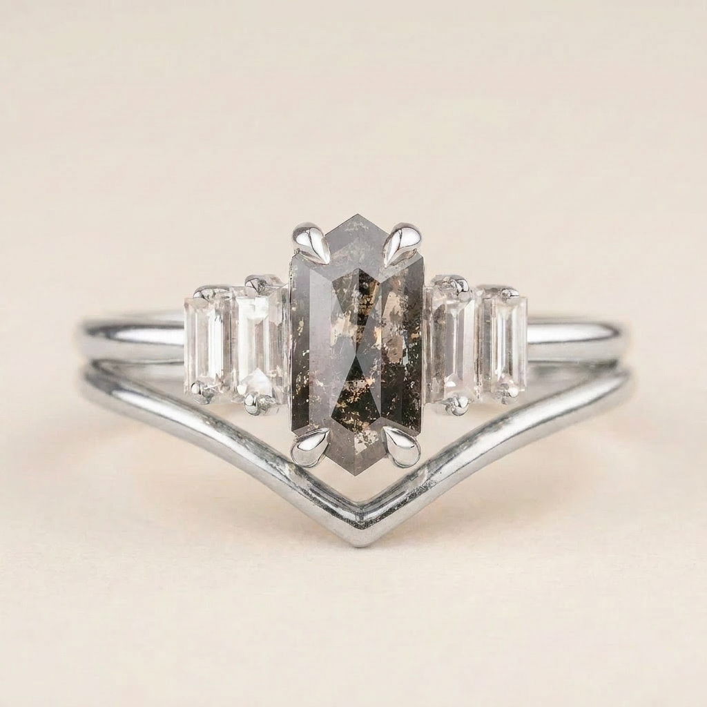 1.80 CT Hexagon & Baguette Cut Salt and Pepper Diamond Cluster Five-Stone Ring