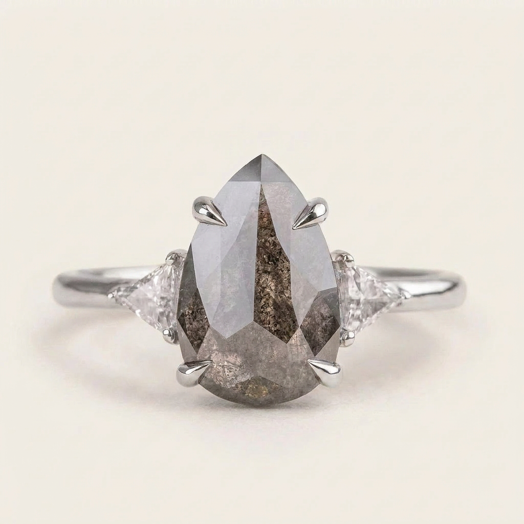 1.65 CT Pear & Triangle Cut Salt and Pepper Diamond Three Stone Ring