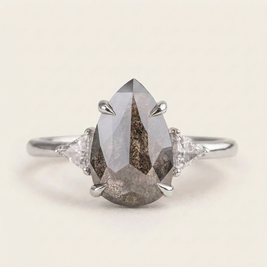 1.65 CT Pear & Triangle Cut Salt and Pepper Diamond Three Stone Ring