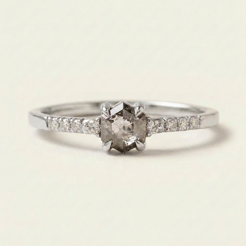 1.30 CT Hexagon Cut Salt and Pepper Diamond Solitaire Ring (V1)
