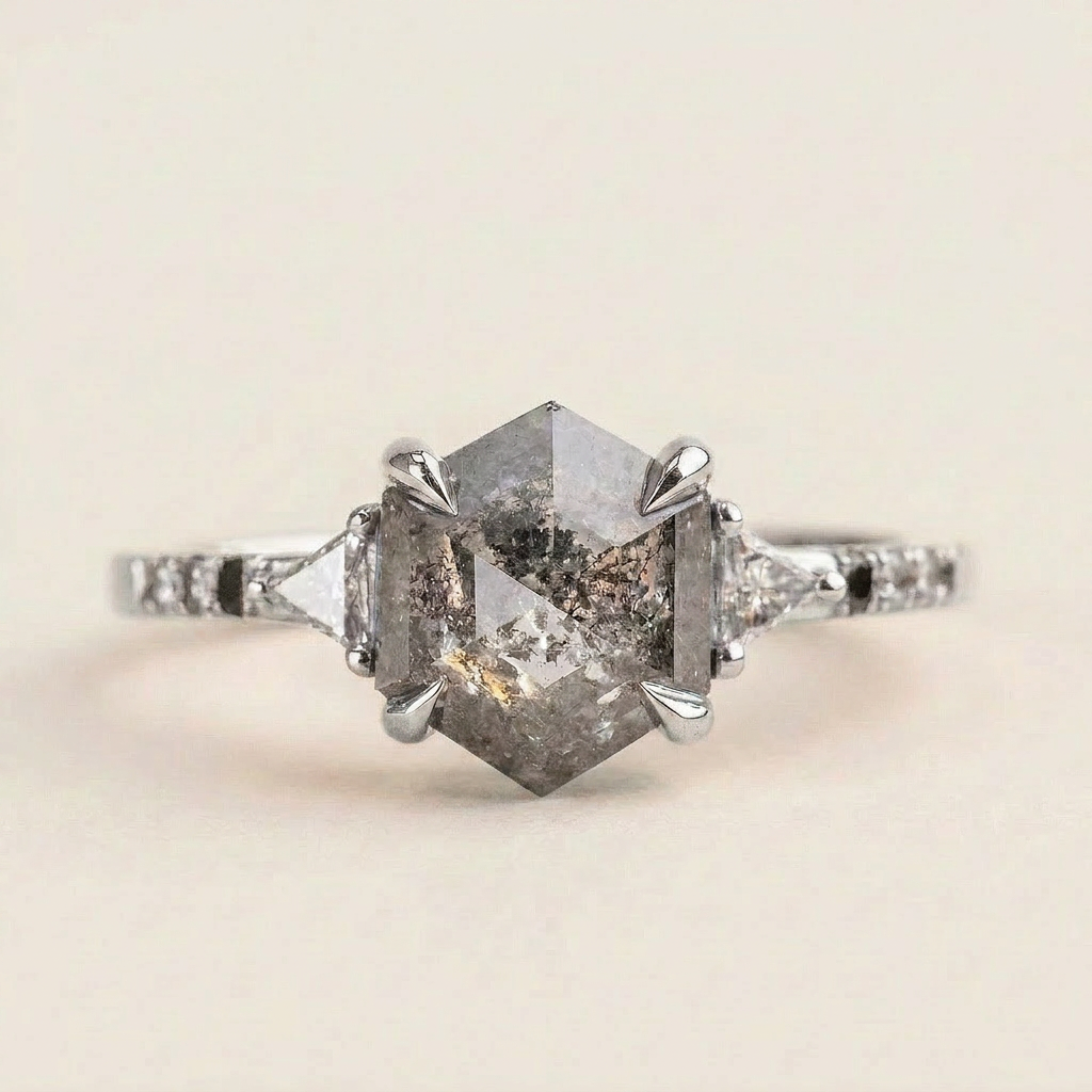 1.65 CT Hexagon & Triangle Cut Salt and Pepper Diamond Three Stone Ring