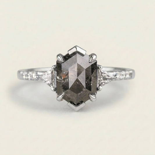 1.80 CT Hexagon & Round Cut Salt and Pepper Diamond Three Stone Ring