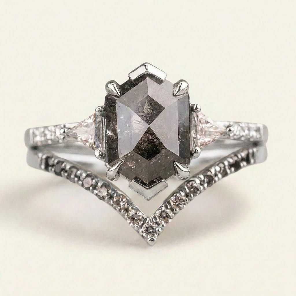 1.80 CT Hexagon & Round Cut Salt and Pepper Diamond Three Stone Ring