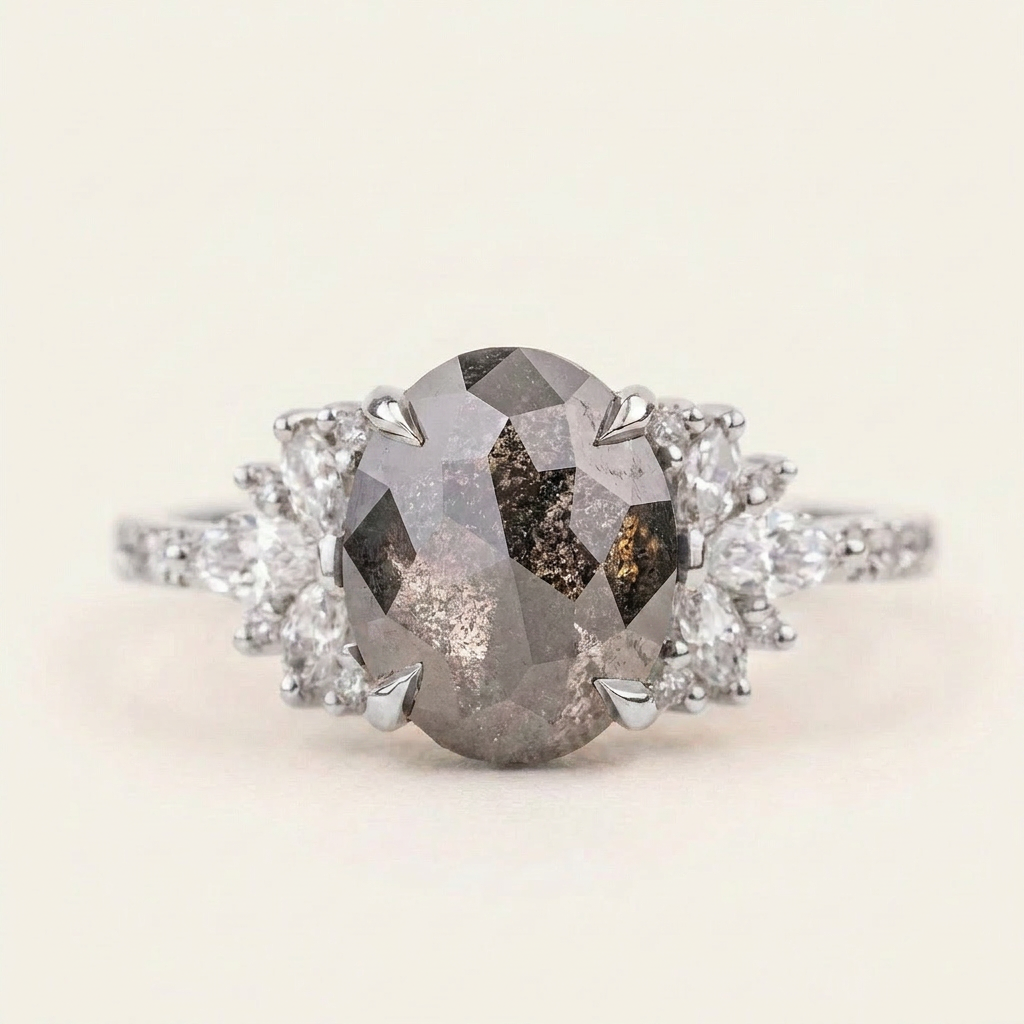2.10 CT Oval & Round Cut Salt and Pepper Diamond Cluster Ring