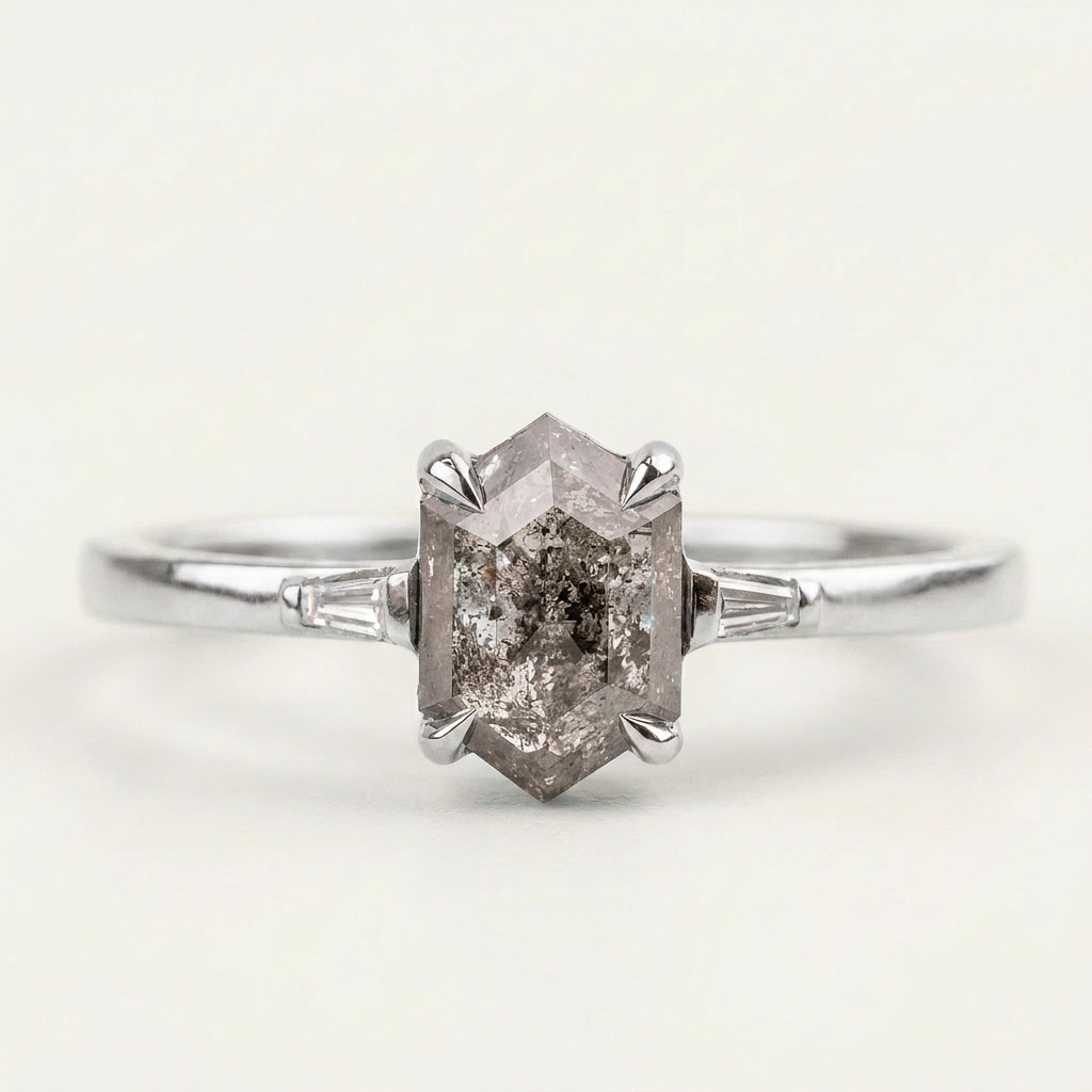 1.35 CT Hexagon & Baguette Cut Salt and Pepper Diamond Three Stone Ring