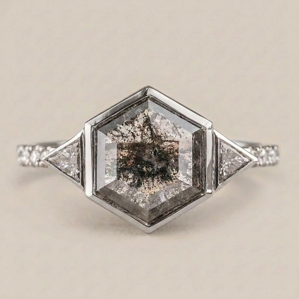 1.70 CT Hexagon & Triangle Cut Salt and Pepper Diamond Three Stone Ring