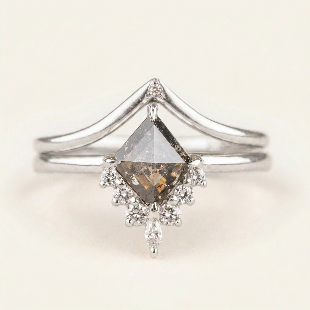 1.45 CT Kite & Round Cut Salt and Pepper Diamond Cluster Ring