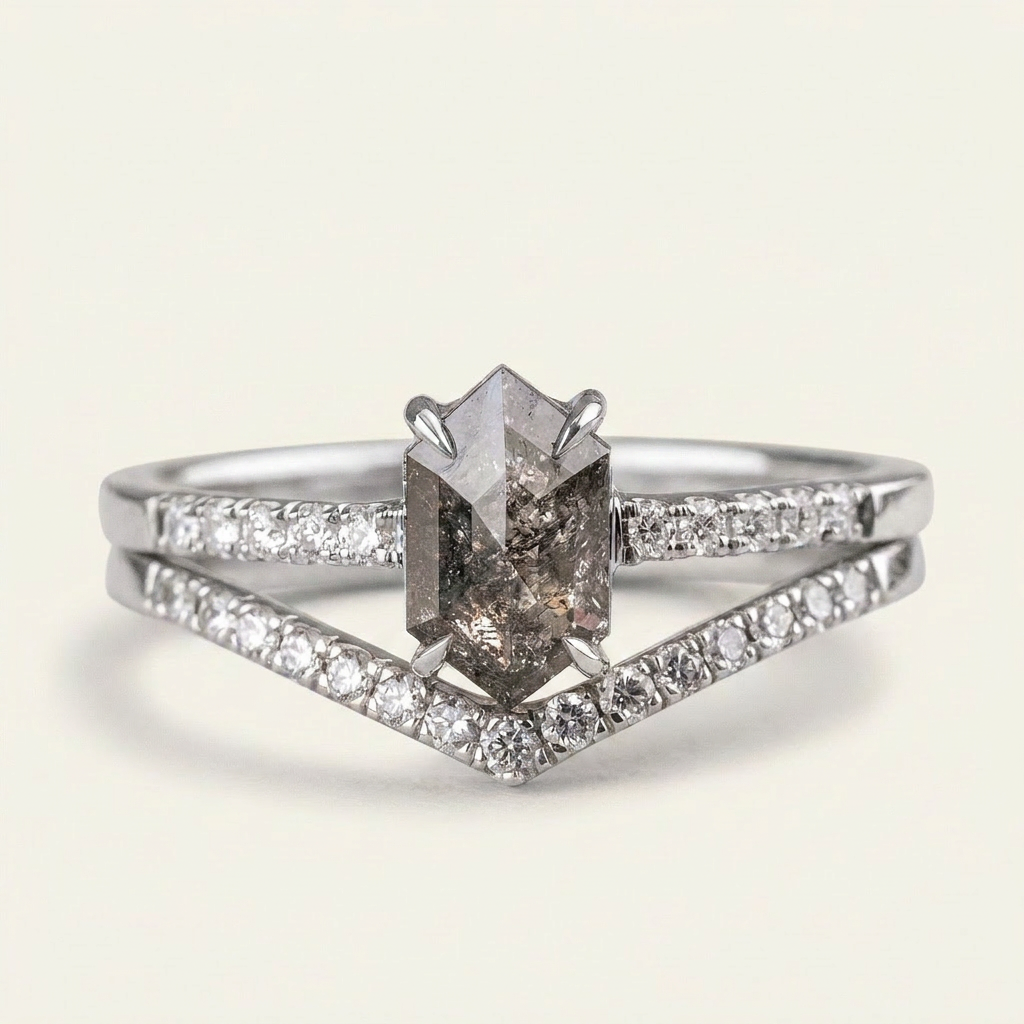 1.70 CT Hexagon Cut Salt and Pepper Diamond Solitaire Ring