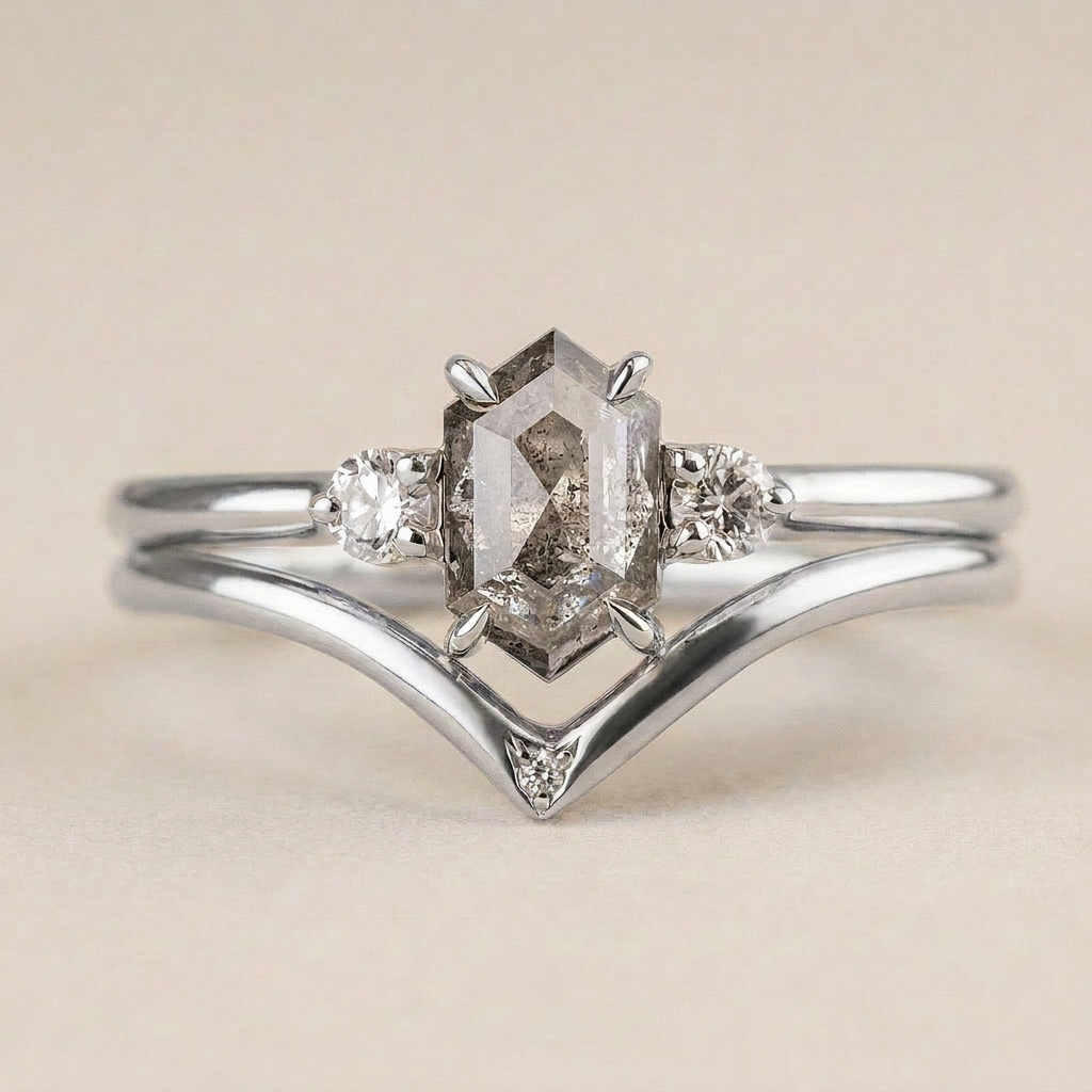 1.35 CT Hexagon & Round Cut Salt and Pepper Diamond Three Stone Ring