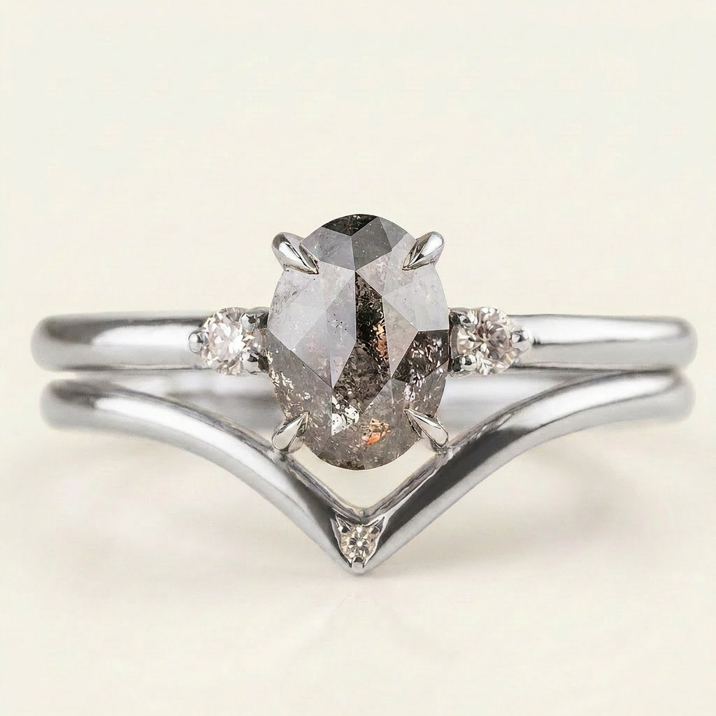 1.30 CT Oval & Round Cut Salt and Pepper Diamond Three Stone Ring