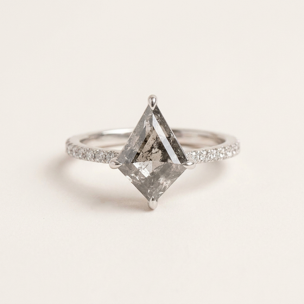 1.40 CT Kite Cut Salt and Pepper Diamond Solitaire with Side Stones Ring