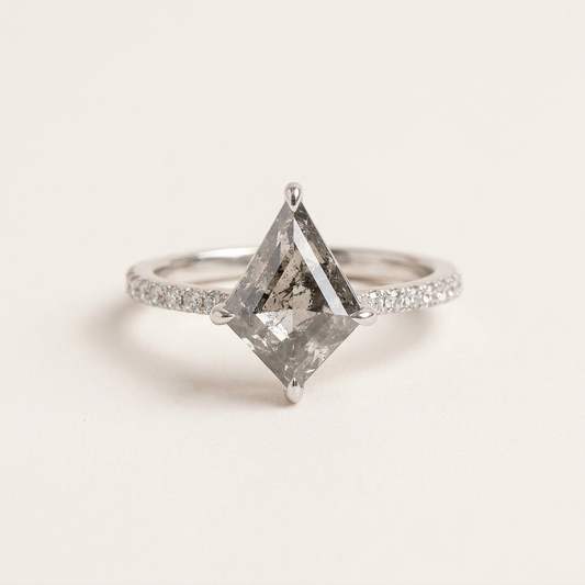 1.40 CT Kite Cut Salt and Pepper Diamond Solitaire with Side Stones Ring