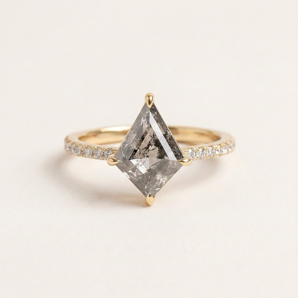 1.40 CT Kite Cut Salt and Pepper Diamond Solitaire with Side Stones Ring