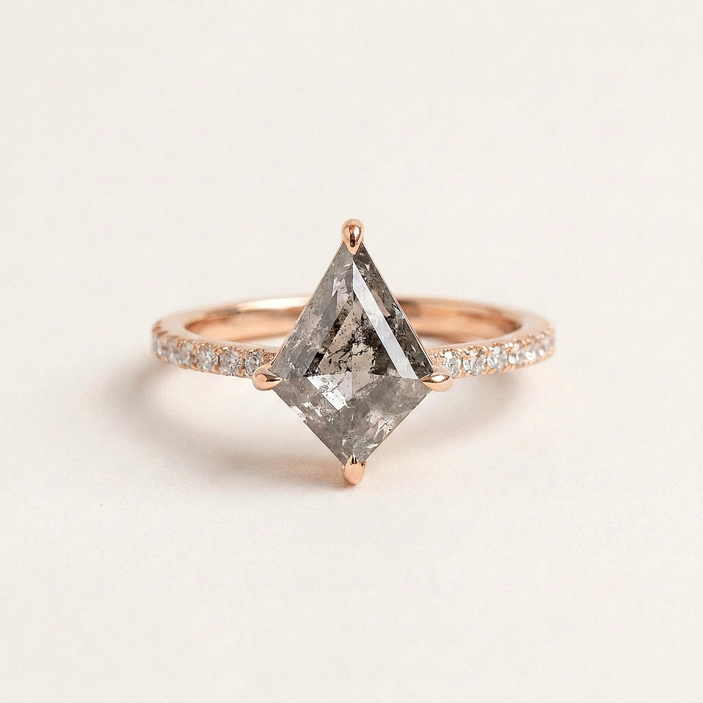 1.40 CT Kite Cut Salt and Pepper Diamond Solitaire with Side Stones Ring
