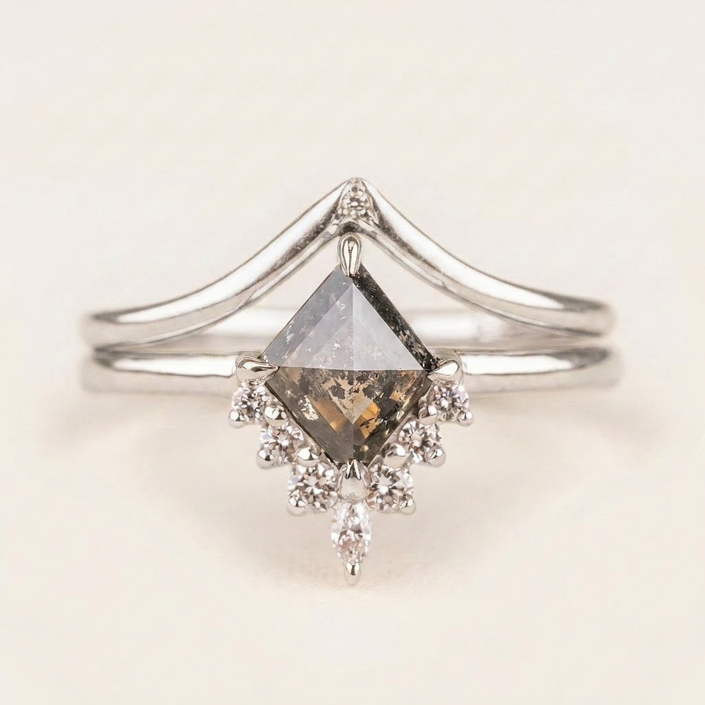 1.20 CT Kite & Round Cut Salt and Pepper Diamond Cluster Ring