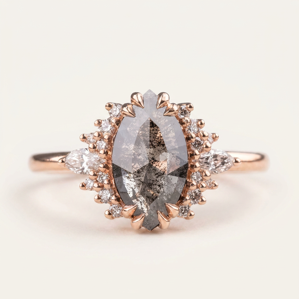 1.95 CT Marquise & Round Cut Salt and Pepper Diamond Cluster Ring