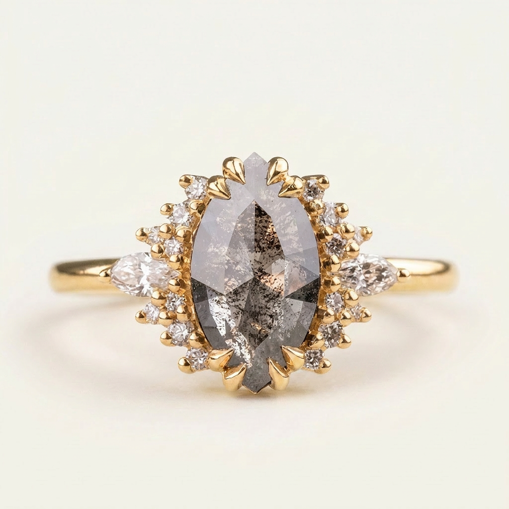 1.95 CT Marquise & Round Cut Salt and Pepper Diamond Cluster Ring