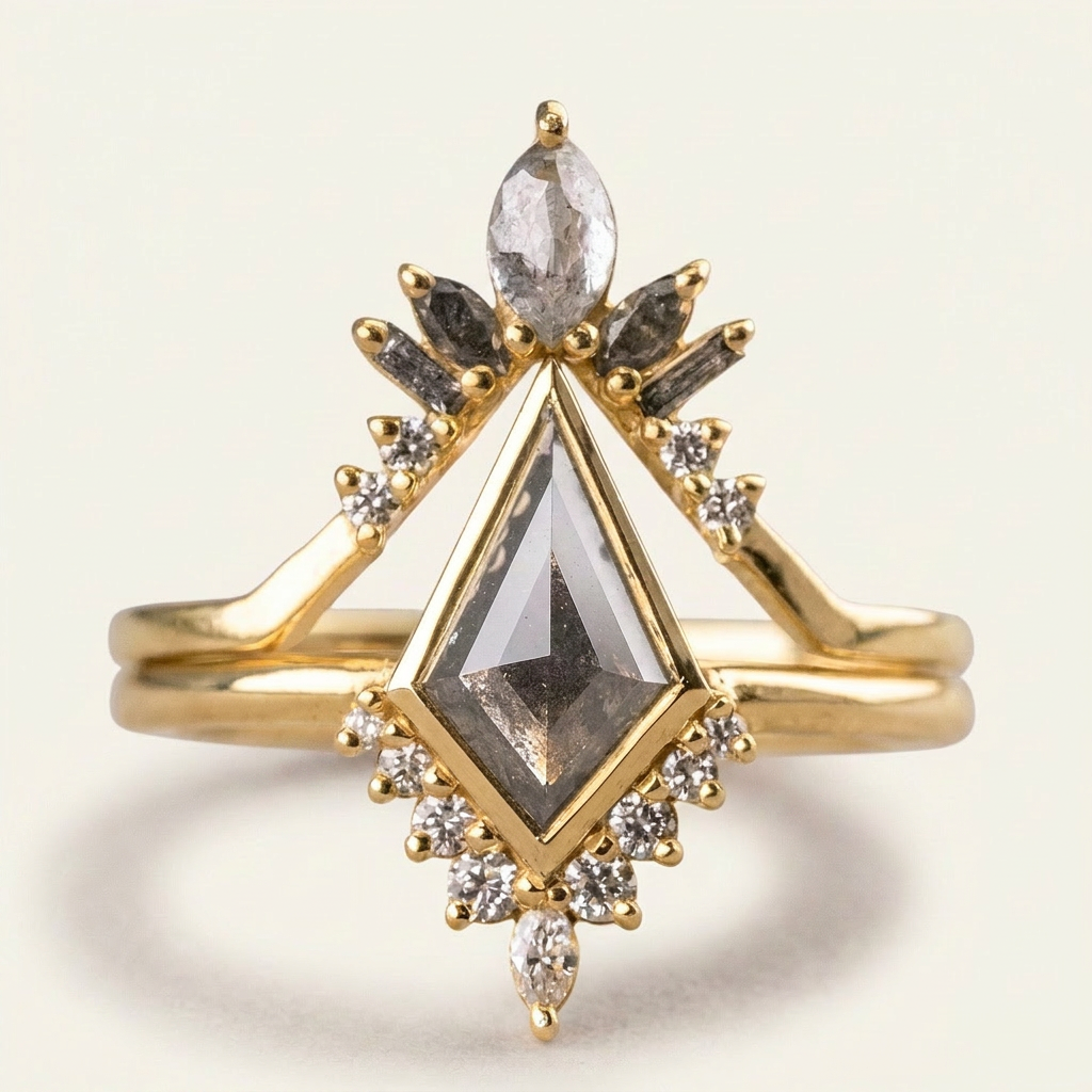 1.70 CT Kite & Round Cut Salt and Pepper Diamond Cluster Ring