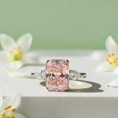 Fancy Pink Color Lab Grown Diamond 5.00 CT Three Stone Cushion Cut Engagement Ring