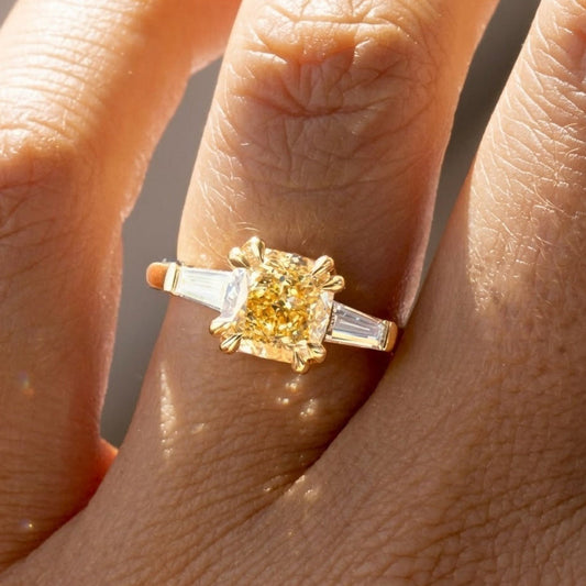 Moissanite 1.00 CT Three Stone Fancy Yellow Cushion Cut Diamond Engagement Ring