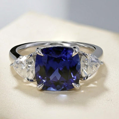 Moissanite 4.13 CT Blue Color Three Stone Cushion Cut Diamond Engagement Ring
