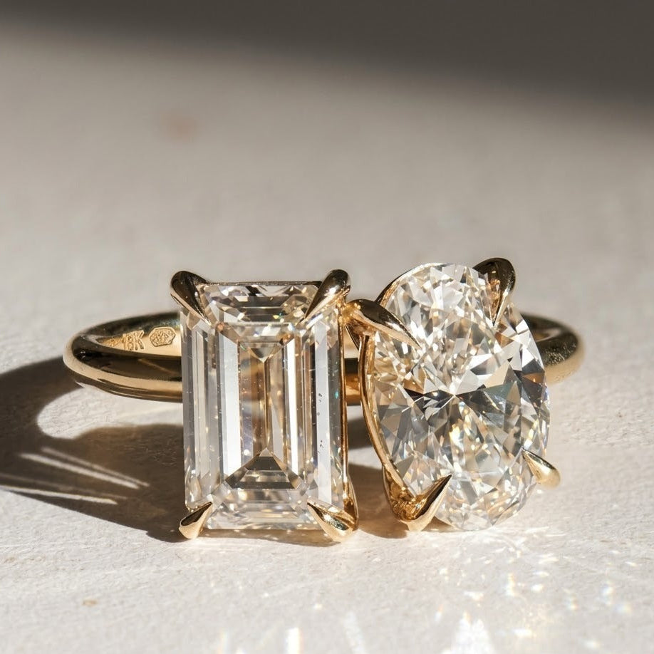Moissanite 3 CT Toi Et Moi Emerald Cut and Oval Cut Diamond Engagement Ring