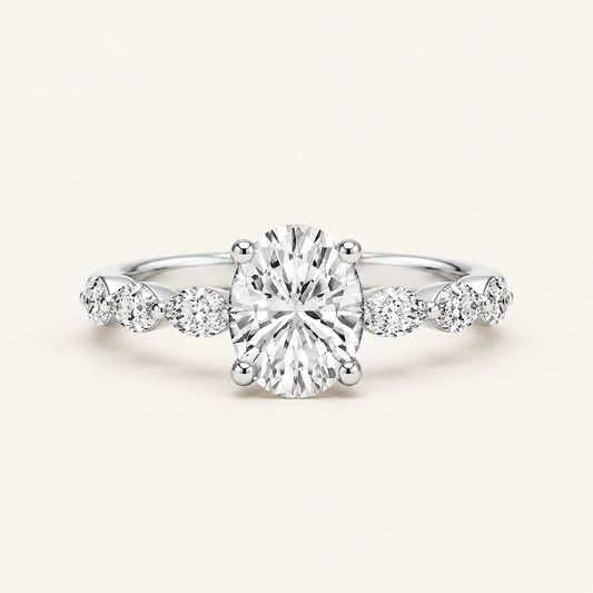 Lab Grown 1.40 CT Oval & Marquise Cut Diamond Solitaire with Side Stones Ring